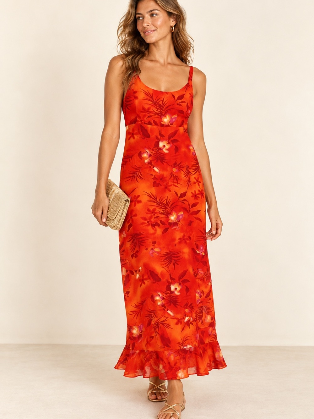 Connected Apparel VTG Tropical Print Tie Back Maxi Dress 12 Orange Resortwear